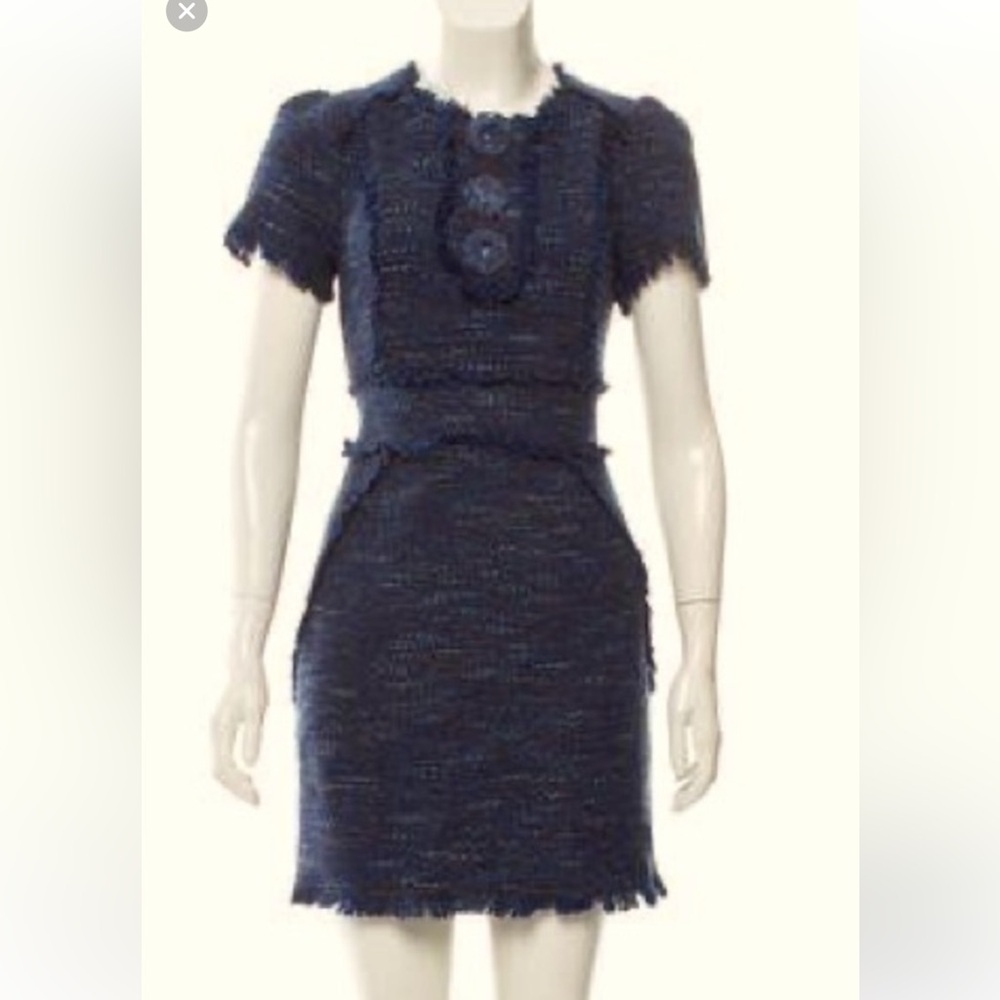 Rebecca Taylor Blue fringe Boucle Blue Chanel-esque Tweed Dress‎ size XS 0